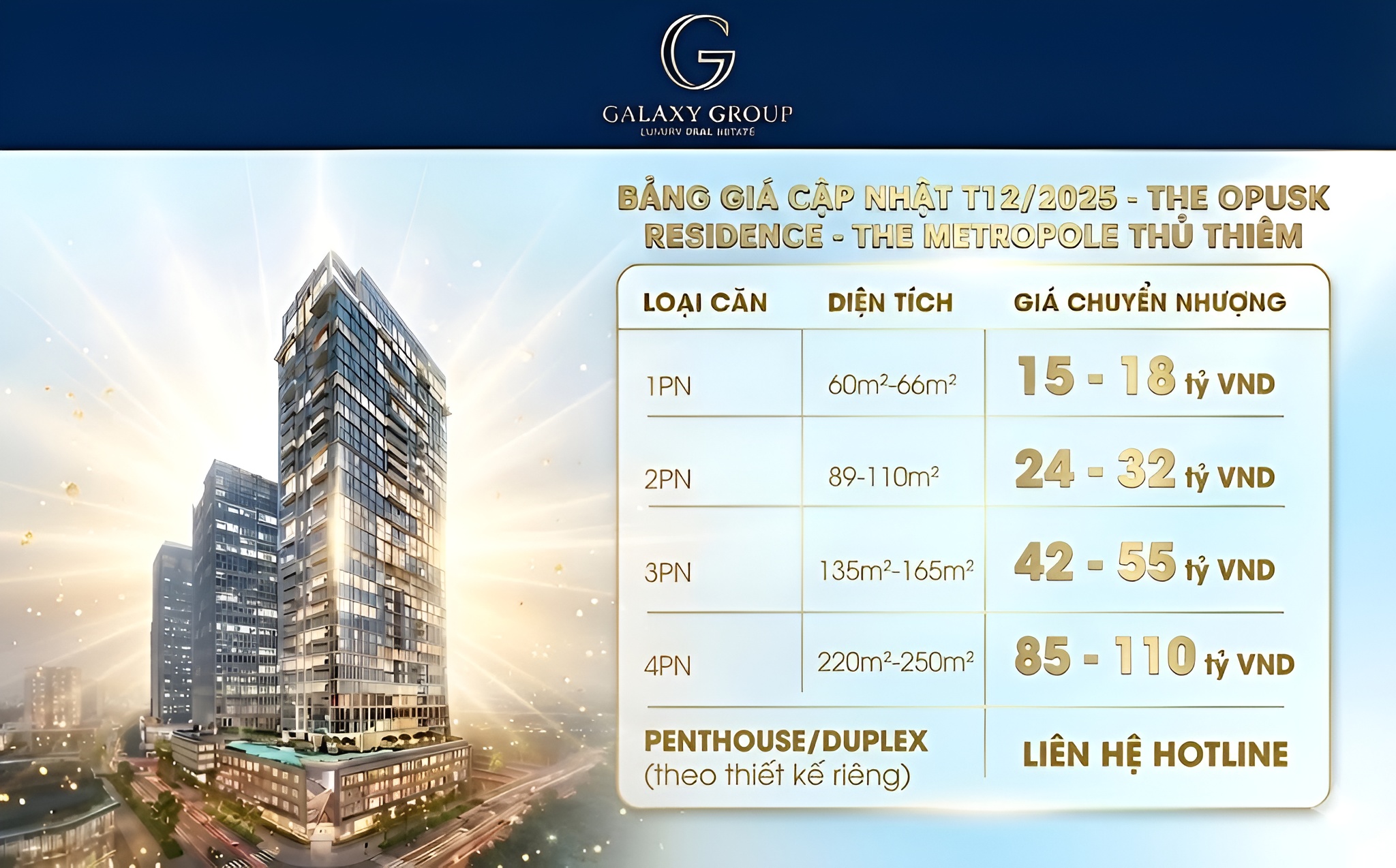 BẢNG GIÁ CẬP NHẬT T12/2025 - THE OPUSK RESIDENCE (THE METROPOLE)